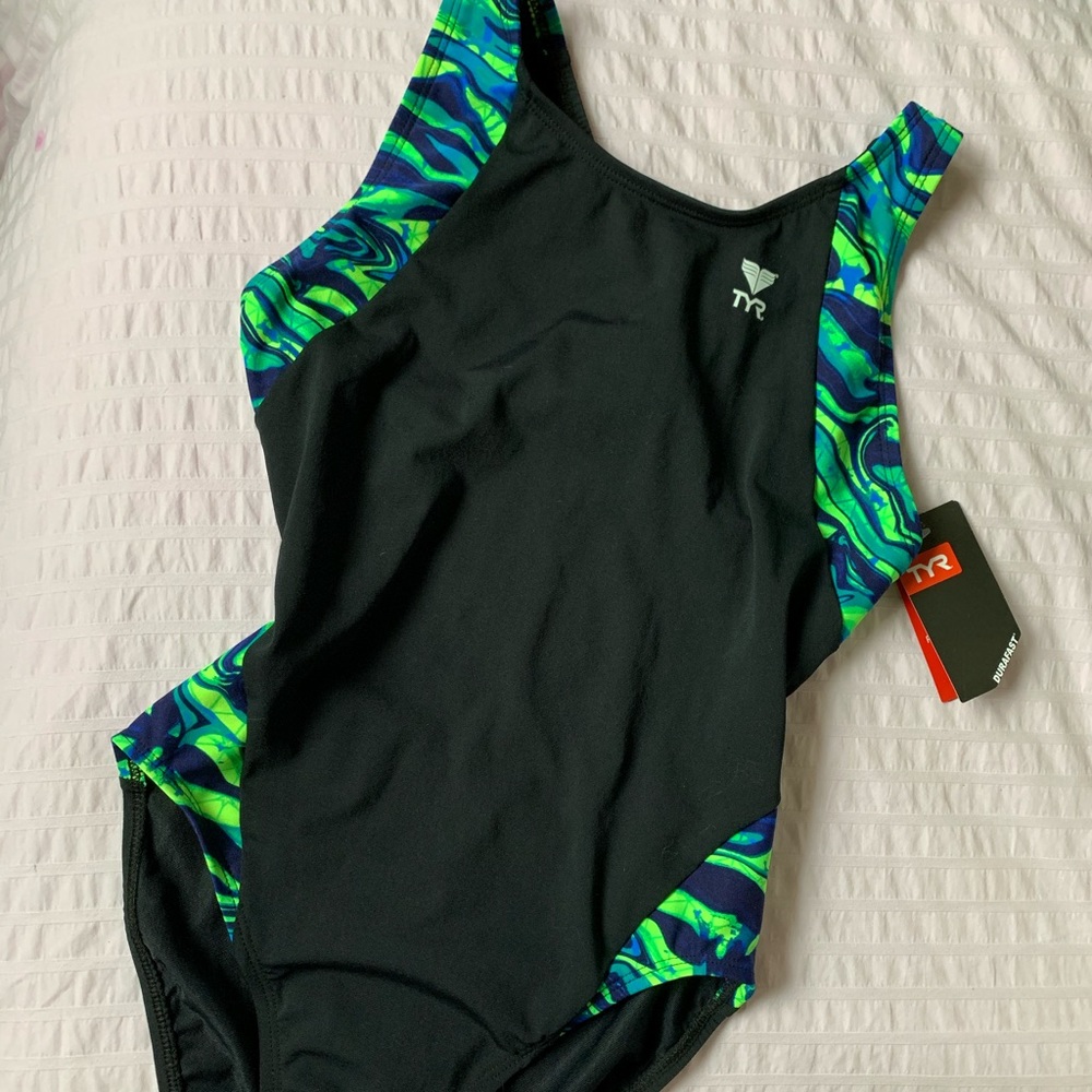 High cut, funky swirl pattern one piece bathing suit